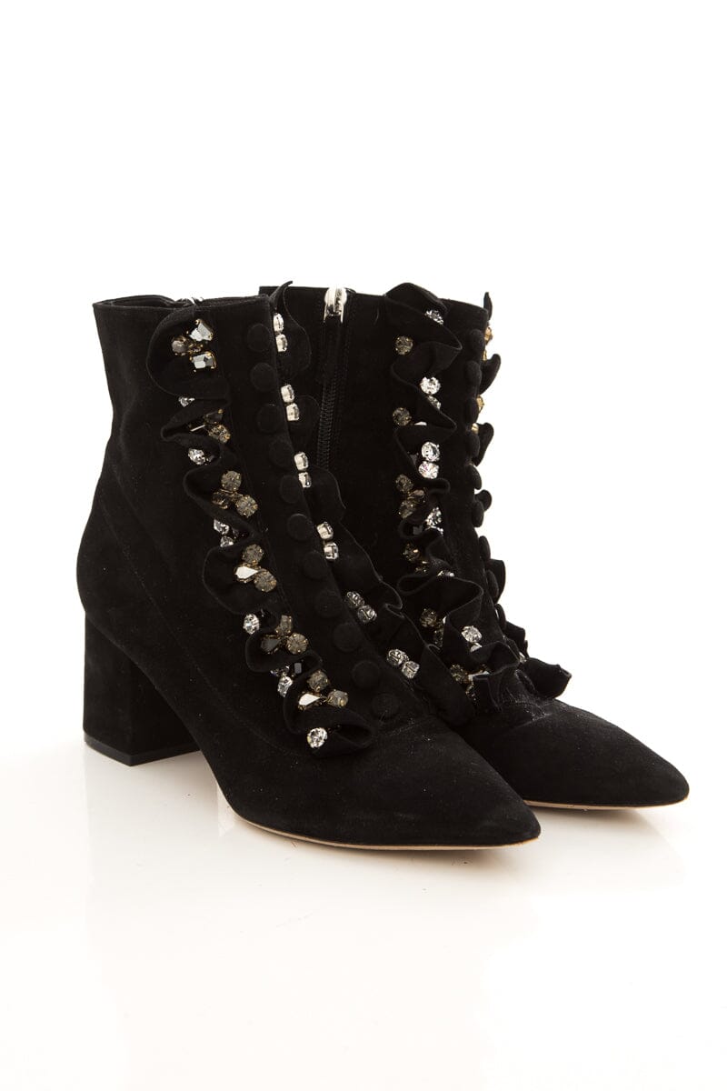 Gedebe Black & Crystal Ruffle Detail Boots SZ 39