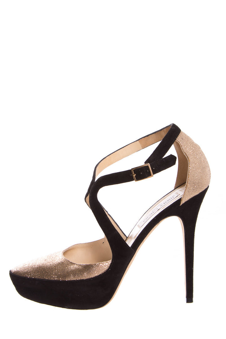 Jimmy Choo Rose Gold Glitter & Black Suede Heels SZ 41
