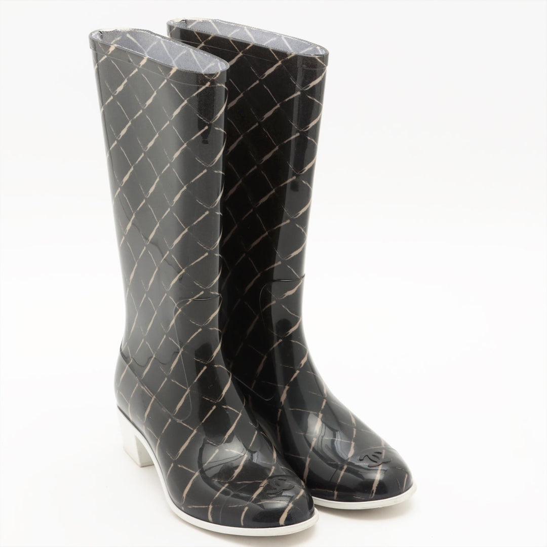 Top Quality Chanel Coco Laver Rain Boots 35  Black x Beige Upper Inside Head Yogurt at