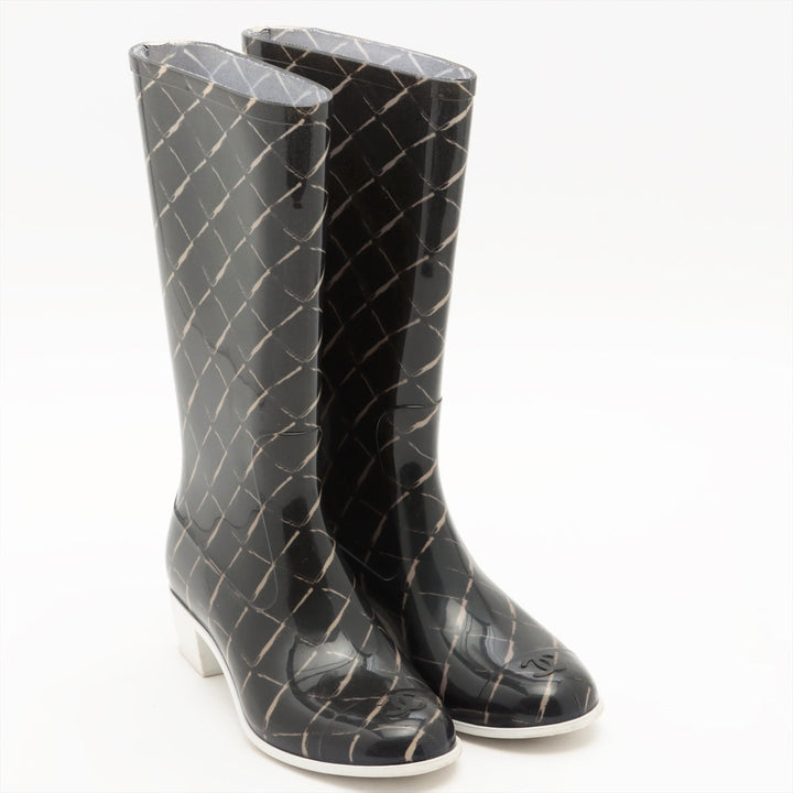 Top Quality Chanel Coco Laver Rain Boots 35  Black x Beige Upper Inside Head Yogurt at