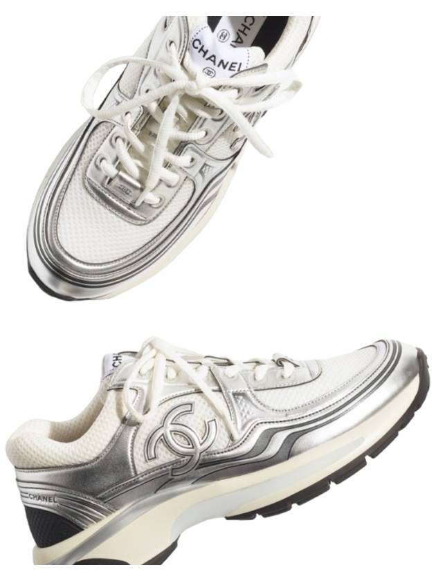 Fabric Laminated Low Top Sneakers Silver Chanel