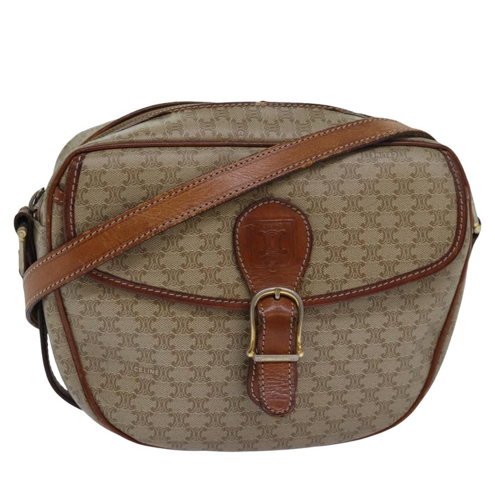 Celine Macadam Canvas Shoulder Bag PVC Leather Beige Auth 80230