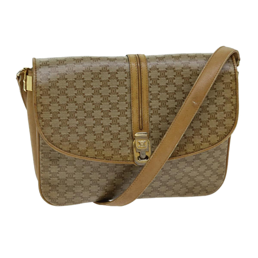 Celine Macadam Canvas Shoulder Bag PVC Leather Beige Auth 80814