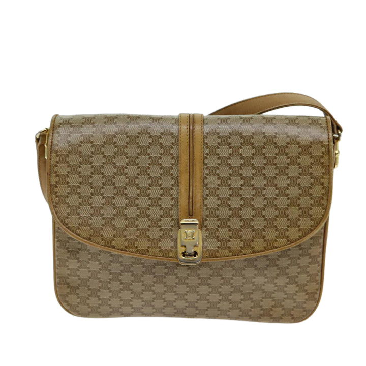 Celine Macadam Canvas Shoulder Bag PVC Leather Beige Auth 80814