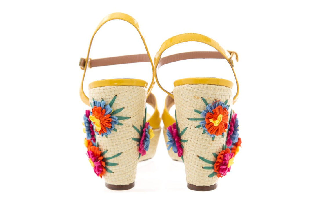 Red Valentino Yellow Patent Leather Jute Floral Wedge SZ 40