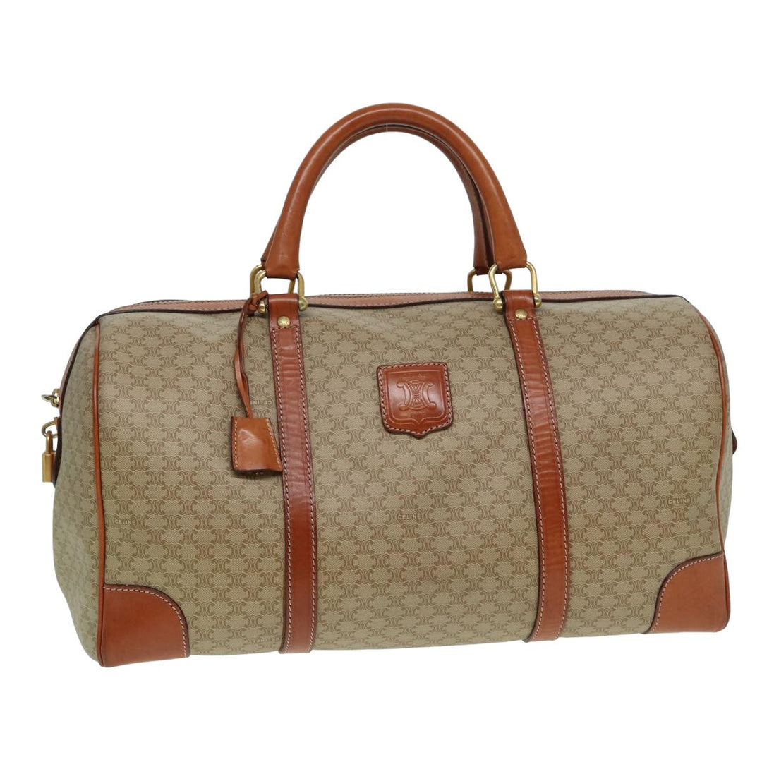 Celine Macadam Canvas Boston Bag PVC Leather Beige Auth 80957