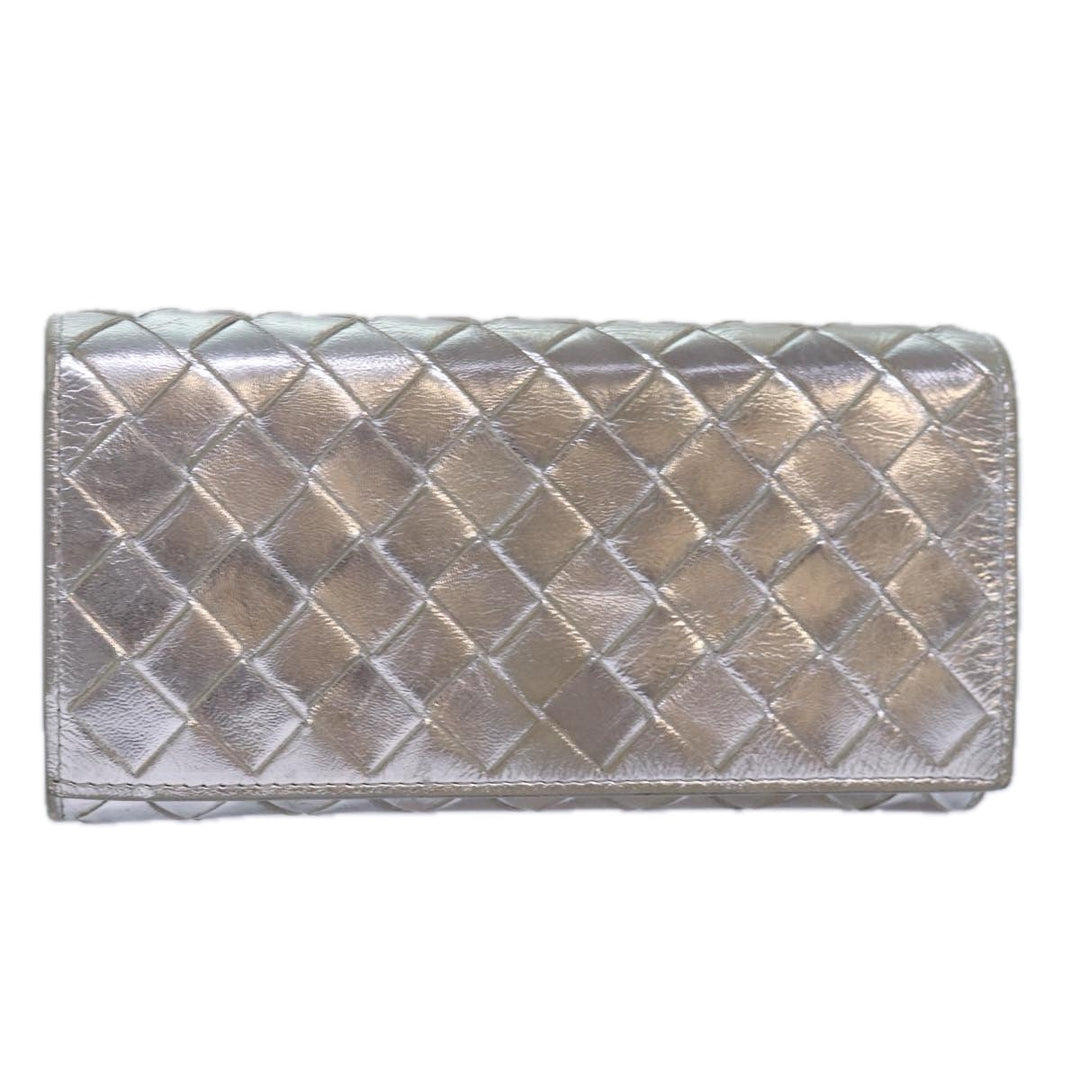 Bottega veneta INTRECCIATO Long Wallet Leather Silver tone Auth 80984