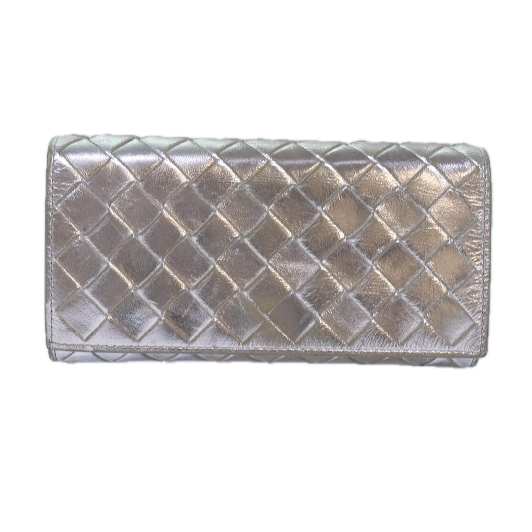 Bottega veneta INTRECCIATO Long Wallet Leather Silver tone Auth 80984