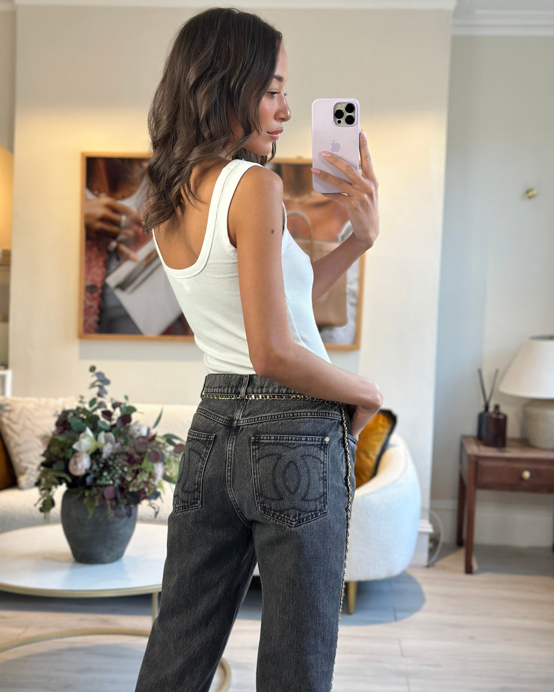 *HOT* Top Quality Chanel 23N Coco Neige Washed Black Printed Straight Leg Jeans with Gold Chain Trim & CC Pocket Details Size FR 36 (UK 8) RRP ¬£3,250
