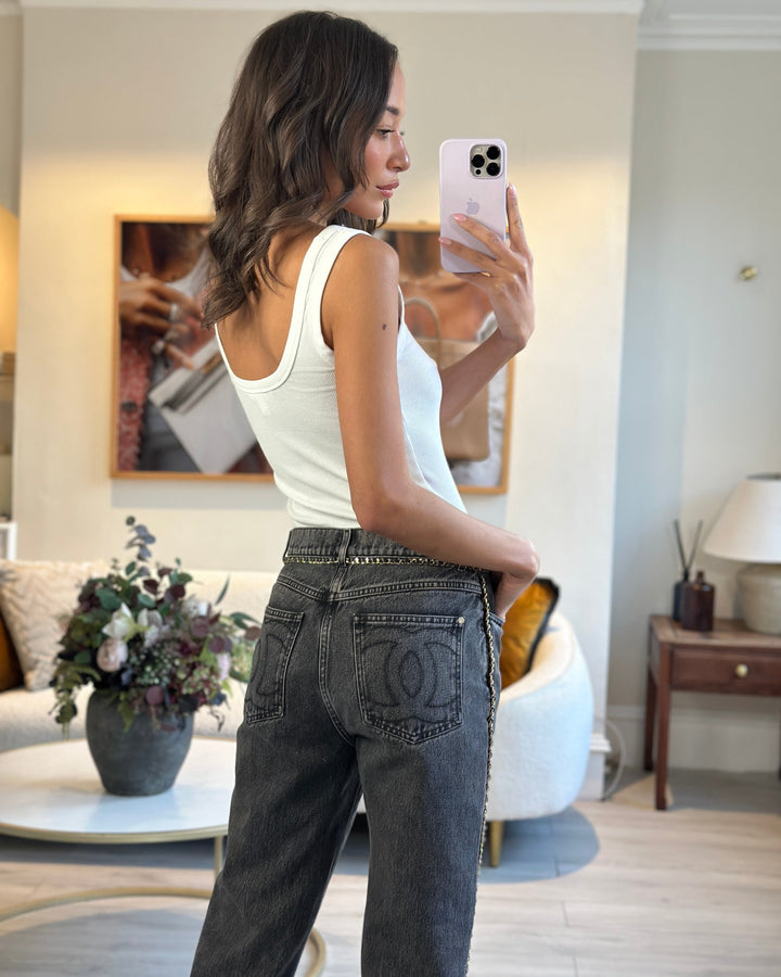 *HOT* Top Quality Chanel 23N Coco Neige Washed Black Printed Straight Leg Jeans with Gold Chain Trim & CC Pocket Details Size FR 36 (UK 8) RRP ¬£3,250