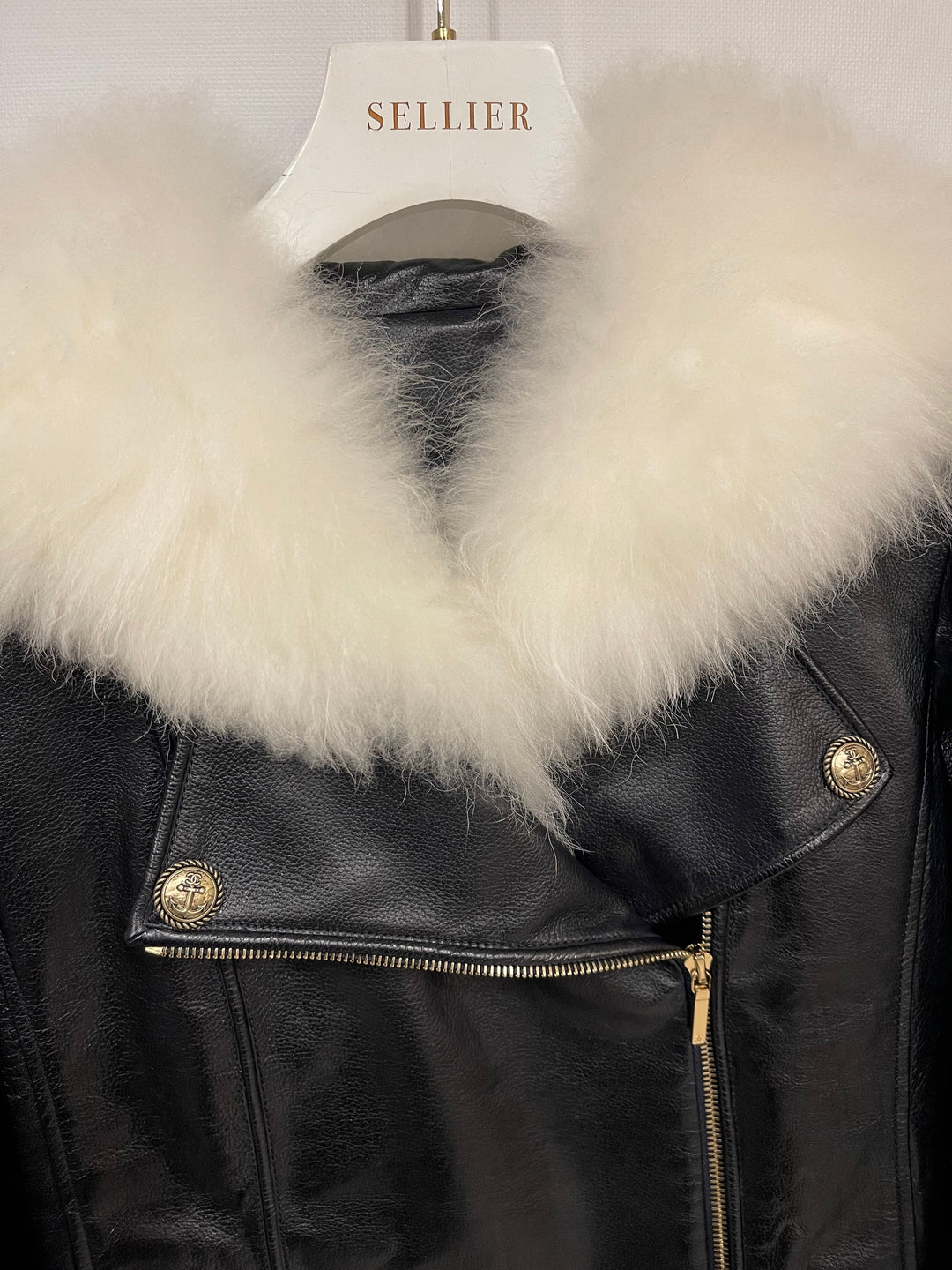 Top Quality Chanel Black Leather Asymmetric Jacket with White Fur Details and Logo Buttons Detail Size FR 34 (UK 6)