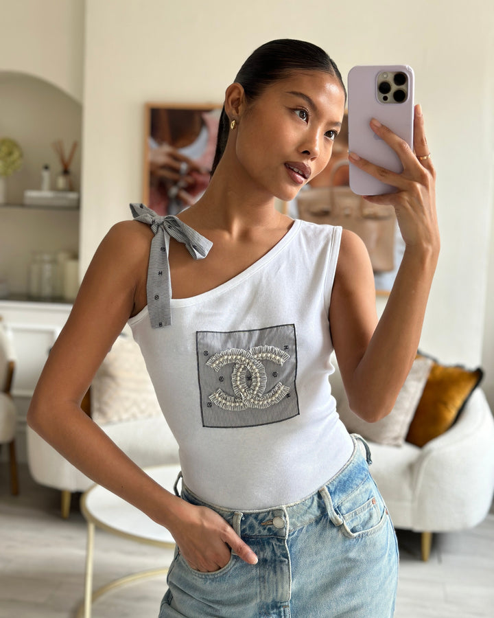 *HOT* Top Quality Chanel 24P White Vest Top with Striped Shoulder Strap and Pearl CC Logo Detail Size FR 36 (UK 8)