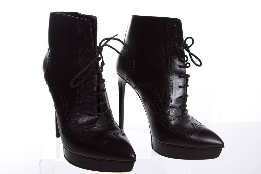 Yves Saint Laurent Black Leather Lace-Up Pointed-Toe Boots SZ 39