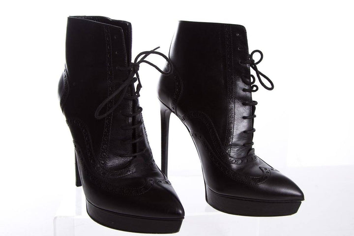 Yves Saint Laurent Black Leather Lace-Up Pointed-Toe Boots SZ 39