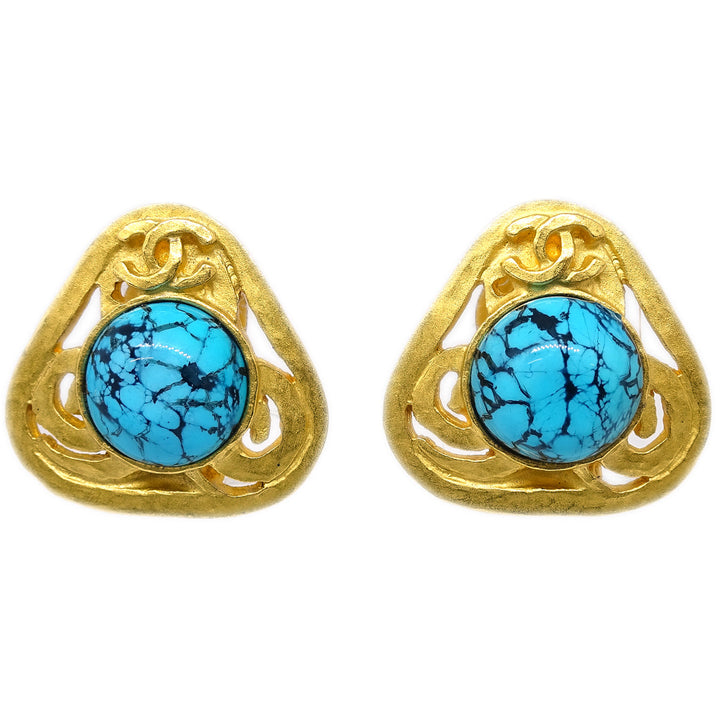 Top Quality Chanel 1995 Gold & Blue Marble 'CC' Earrings