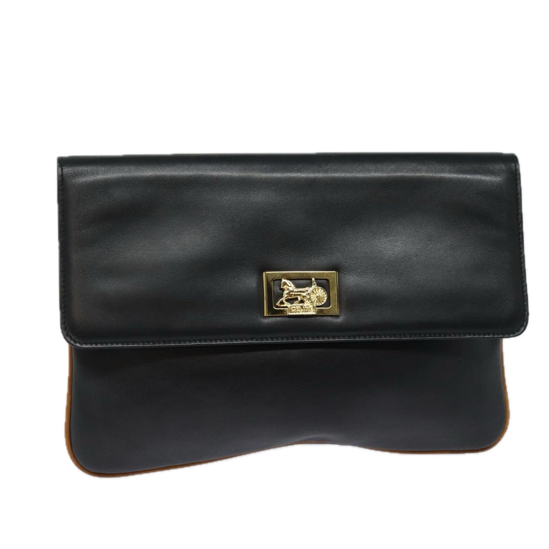 Celine Clutch Bag Leather Black Auth 81129
