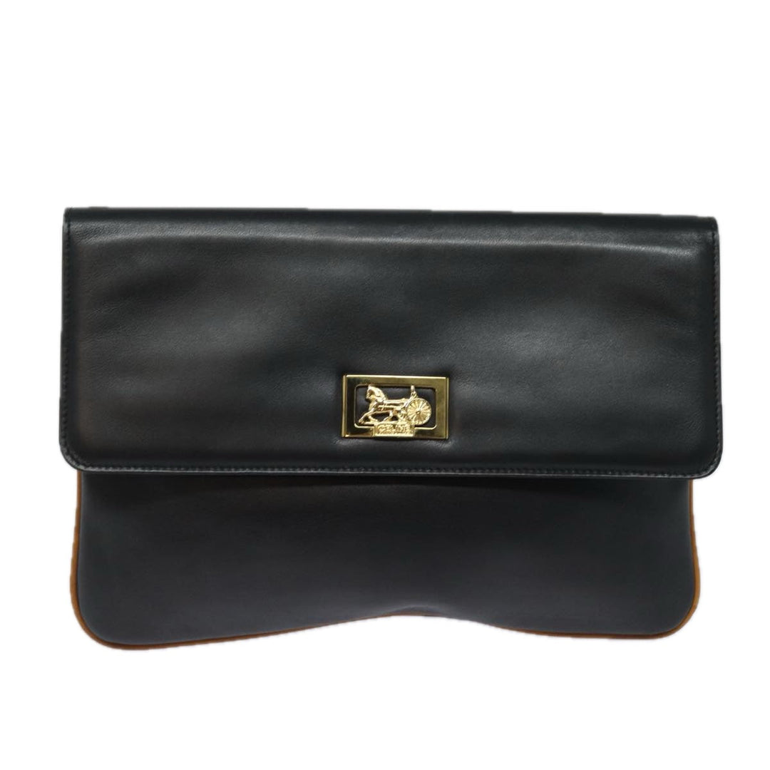Celine Clutch Bag Leather Black Auth 81129