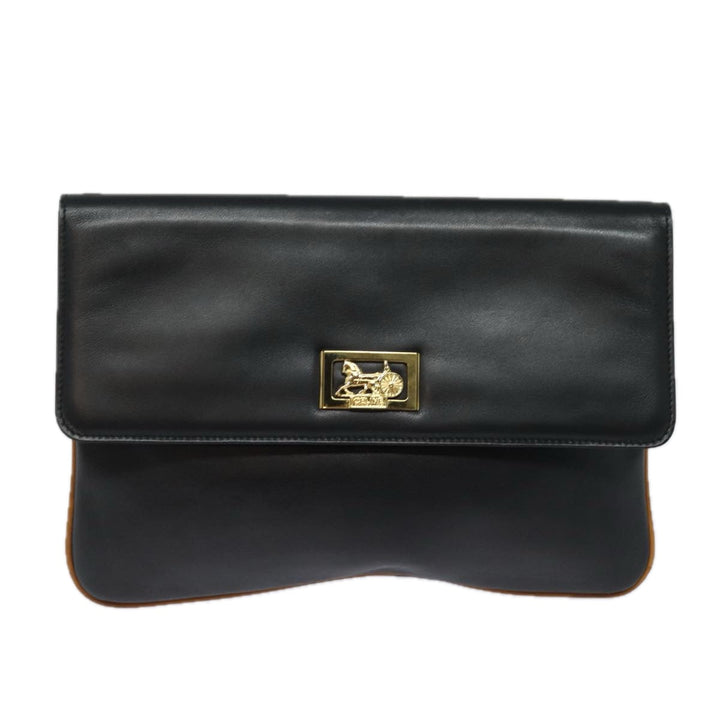 Celine Clutch Bag Leather Black Auth 81129