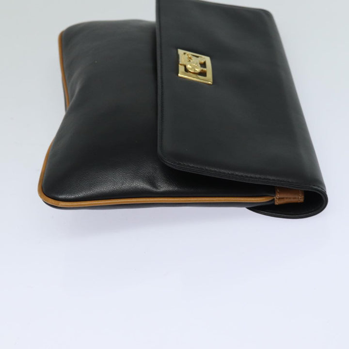 Celine Clutch Bag Leather Black Auth 81129