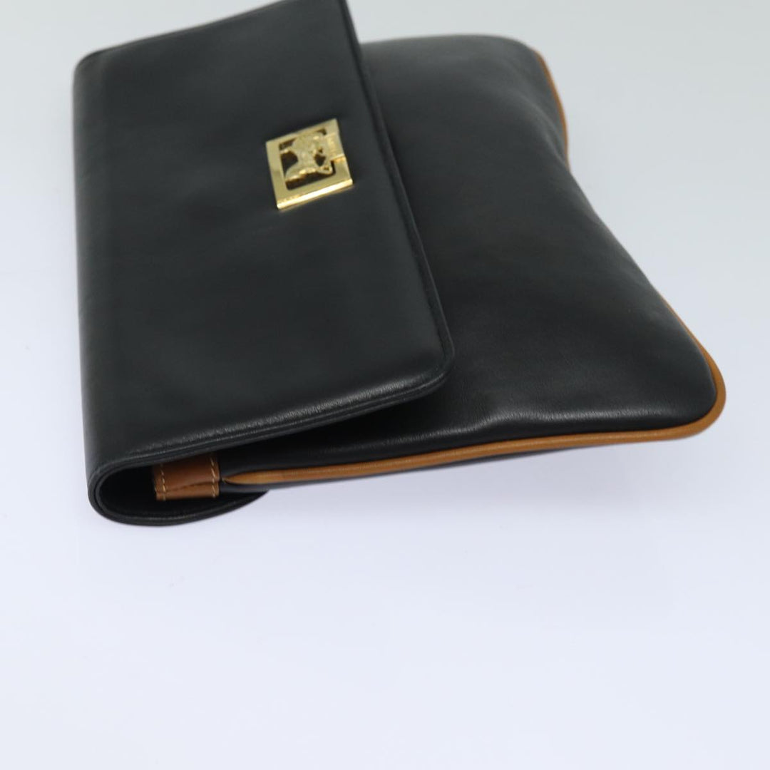 Celine Clutch Bag Leather Black Auth 81129