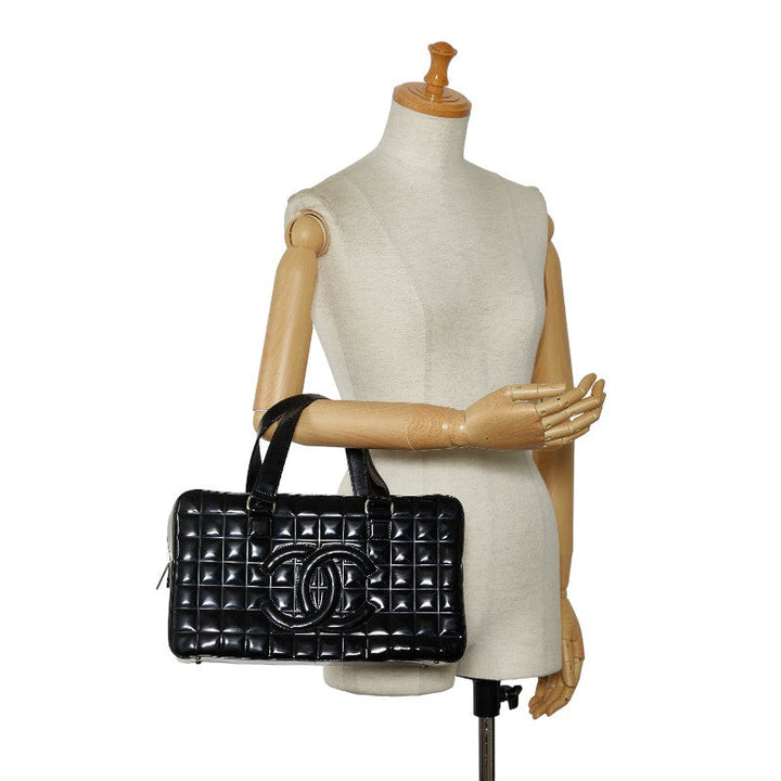 Top Quality Chanel Chocolate Bar Coco Mini Boston Bag Handbag Black Patent Leather Leather  CHANEL