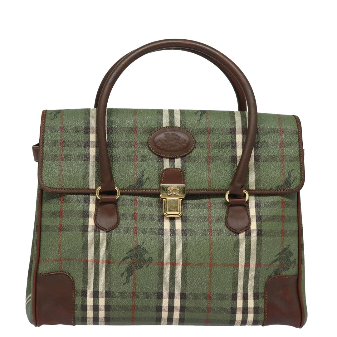 BurberrySs Nova Check Hand Bag PVC Leather Green Auth 81321