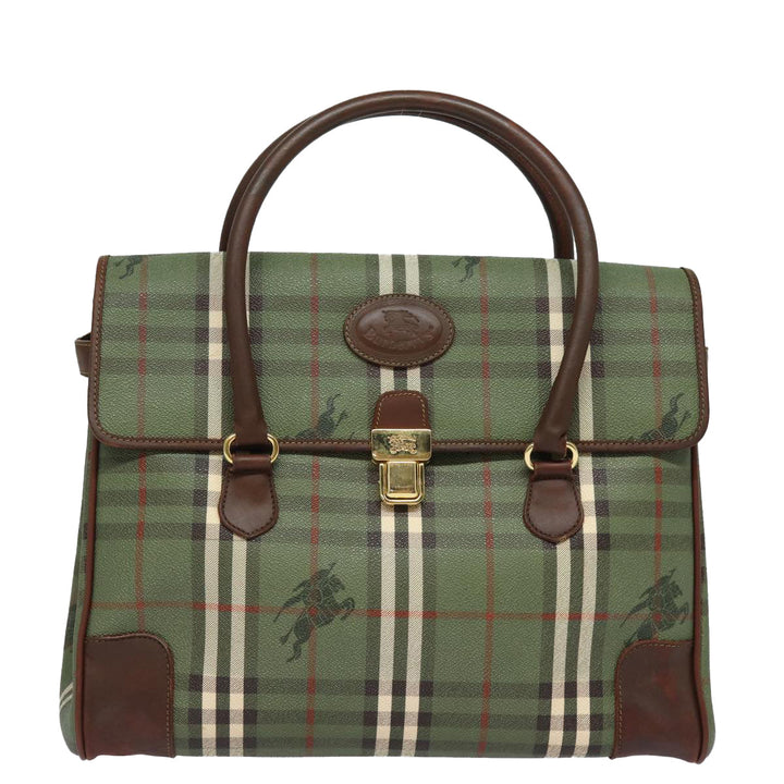 BurberrySs Nova Check Hand Bag PVC Leather Green Auth 81321