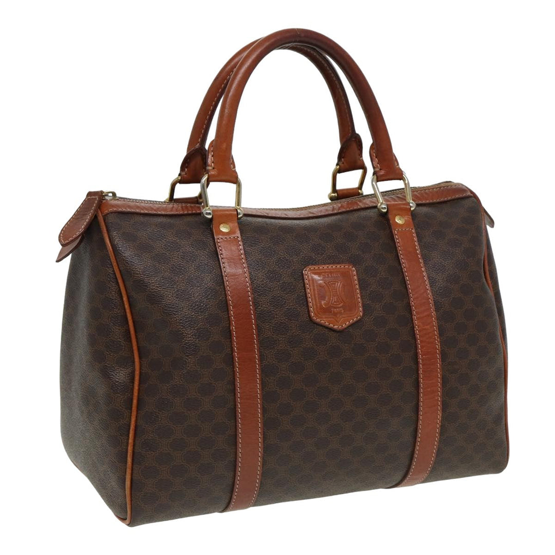 Celine Macadam Canvas Boston Bag PVC Leather Brown Auth 81440