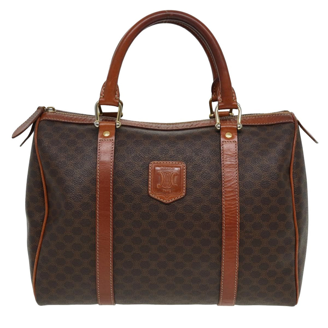 Celine Macadam Canvas Boston Bag PVC Leather Brown Auth 81440