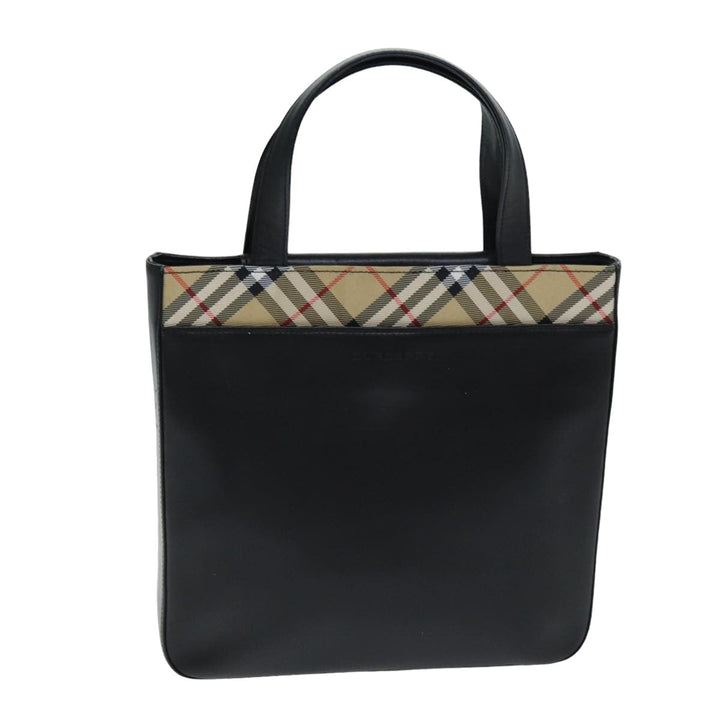 Burberry Nova Check Hand Bag Leather Canvas Black Beige Auth 81655
