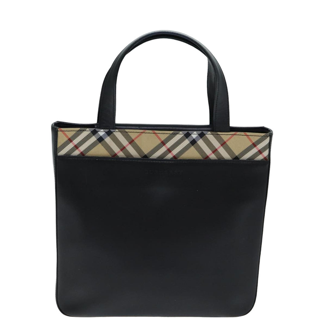 Burberry Nova Check Hand Bag Leather Canvas Black Beige Auth 81655