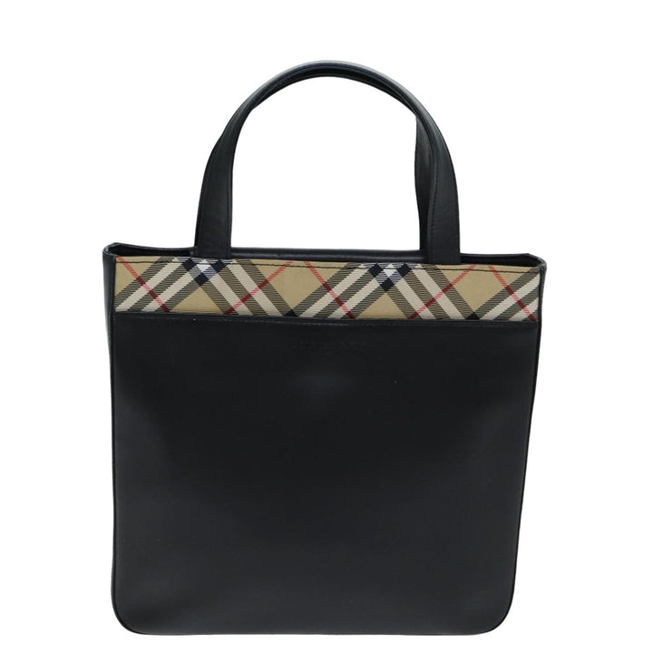 Burberry Nova Check Hand Bag Leather Canvas Black Beige Auth 81655