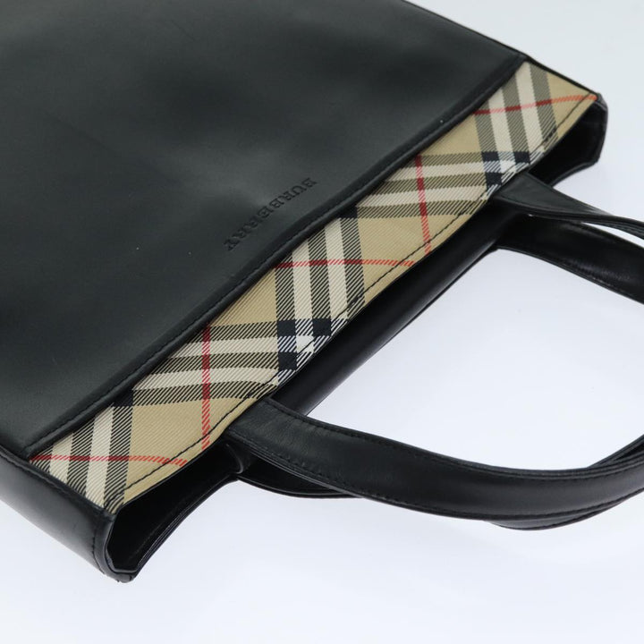 Burberry Nova Check Hand Bag Leather Canvas Black Beige Auth 81655