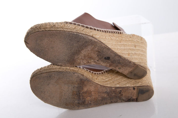 Céline Brown Leather Espadrilles Wedges SZ 38