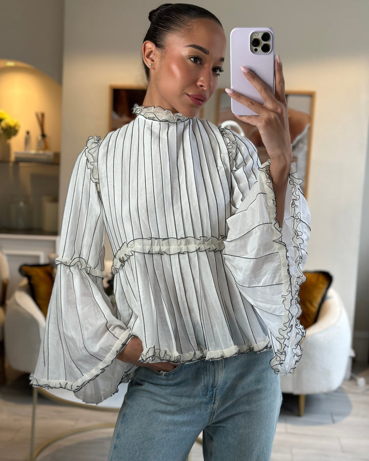 Top Quality Chanel Spring 2017 White Silk Striped Ruffle Long-Sleeve Top  Velcro Back Detail Size FR 36 (UK 8)