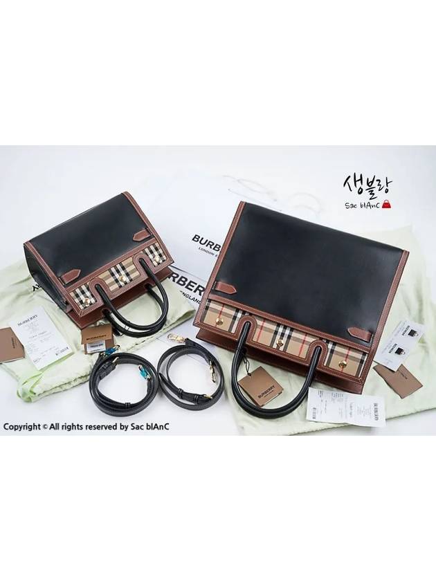 Burberry Medium Leather Vintage Check Title Tote Bag Black
