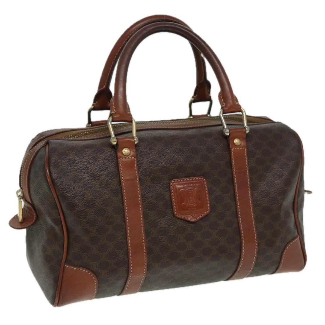 Celine Macadam Canvas Boston Bag PVC Leather Brown Auth 82687