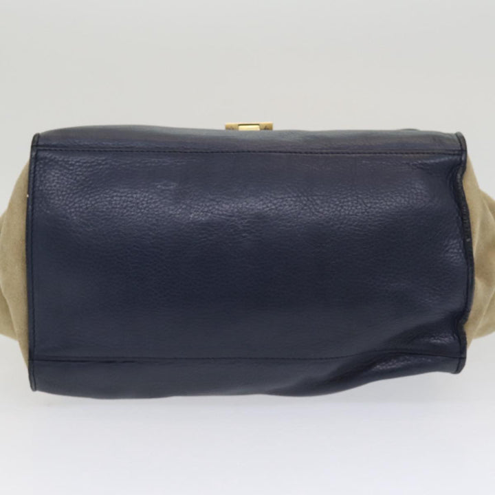 Celine Trapeze Hand Bag Leather Suede Navy Beige Auth 82897