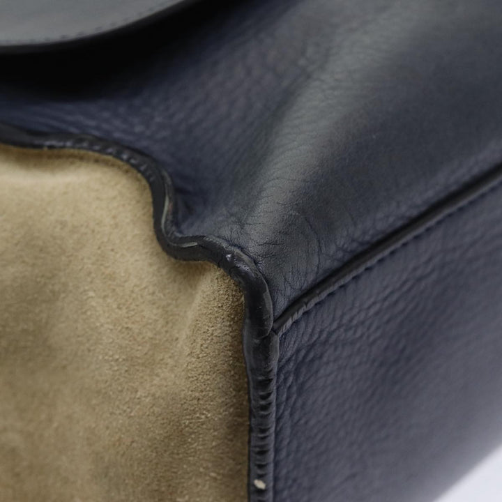Celine Trapeze Hand Bag Leather Suede Navy Beige Auth 82897