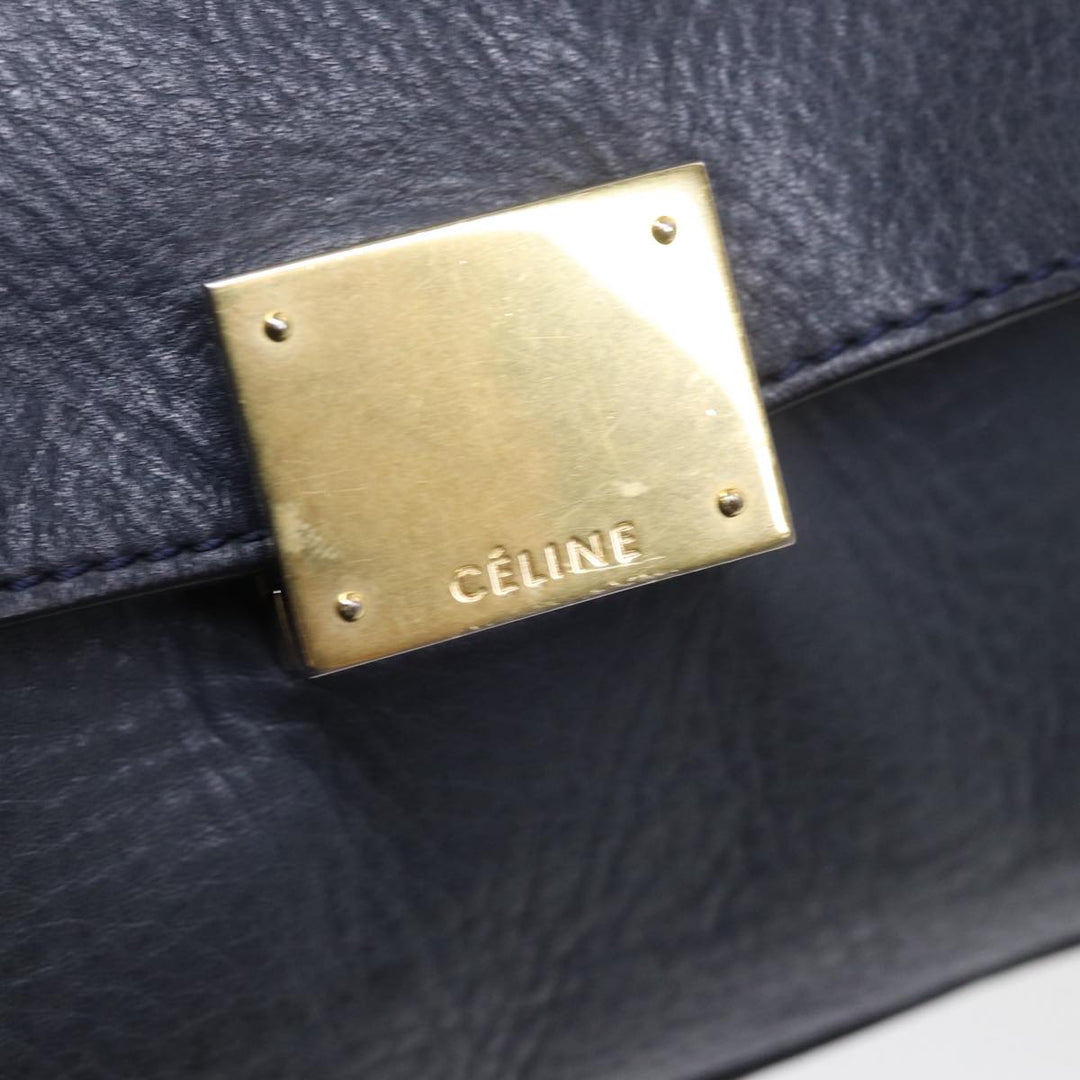 Celine Trapeze Hand Bag Leather Suede Navy Beige Auth 82897