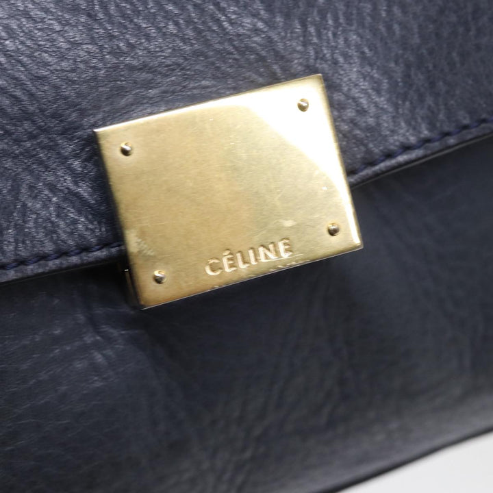 Celine Trapeze Hand Bag Leather Suede Navy Beige Auth 82897