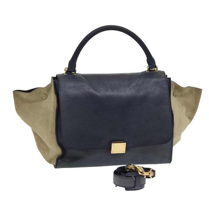 Celine Trapeze Hand Bag Leather Suede Navy Beige Auth 82897