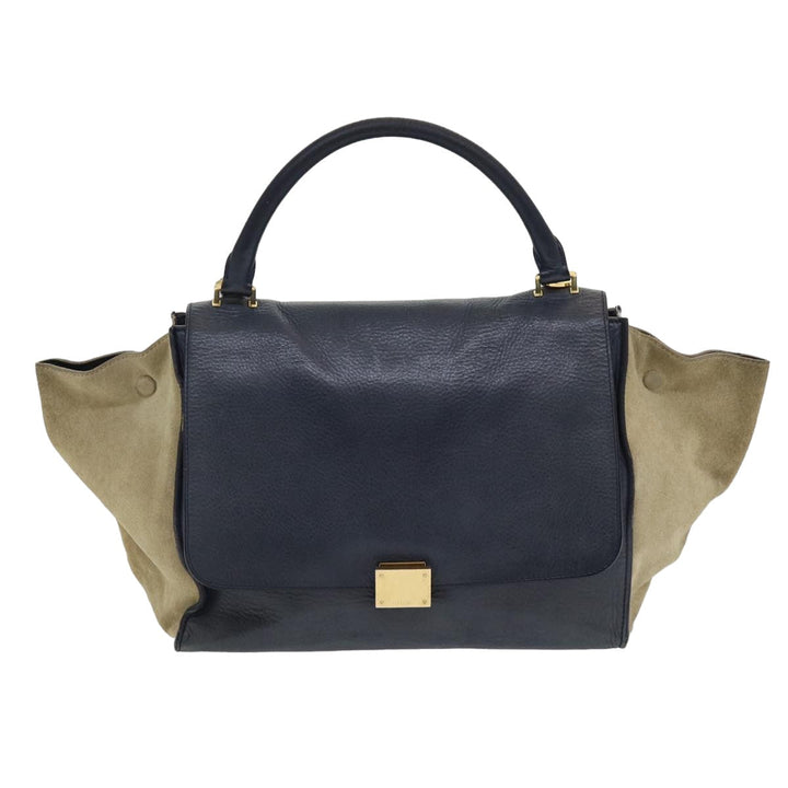 Celine Trapeze Hand Bag Leather Suede Navy Beige Auth 82897