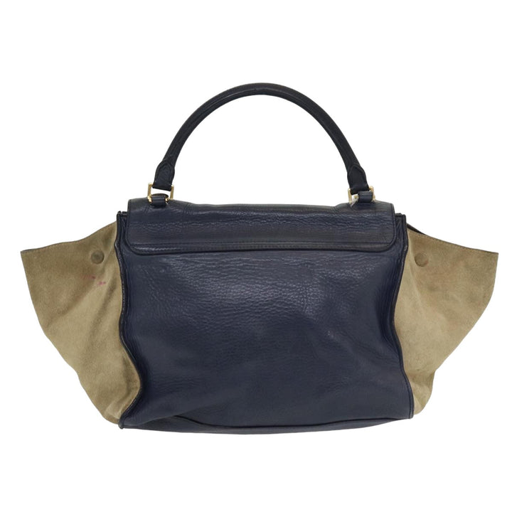 Celine Trapeze Hand Bag Leather Suede Navy Beige Auth 82897