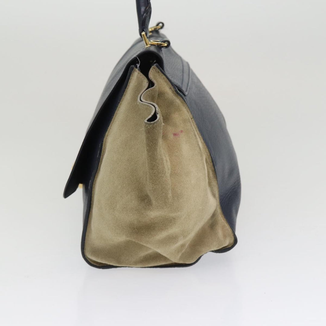 Celine Trapeze Hand Bag Leather Suede Navy Beige Auth 82897