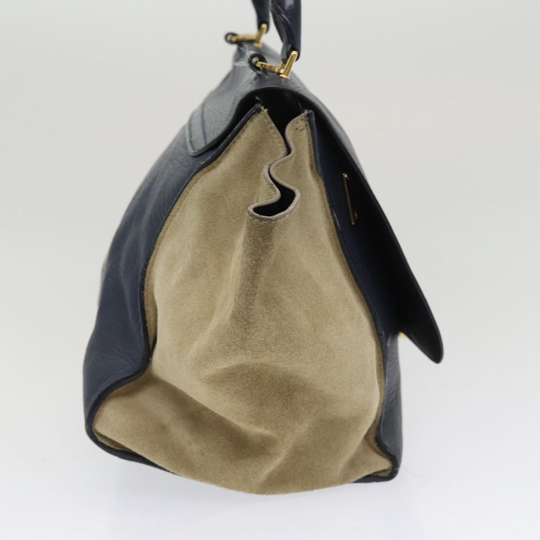 Celine Trapeze Hand Bag Leather Suede Navy Beige Auth 82897