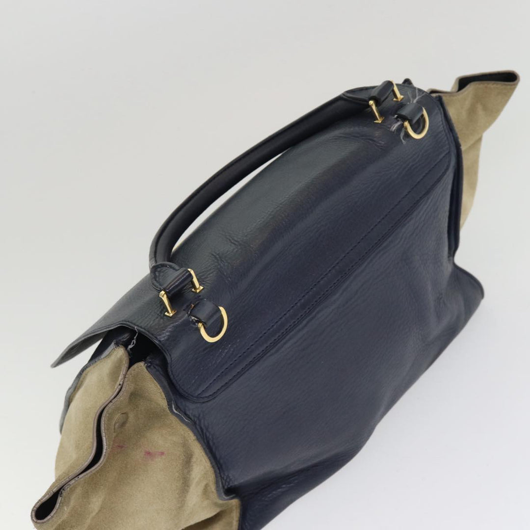 Celine Trapeze Hand Bag Leather Suede Navy Beige Auth 82897