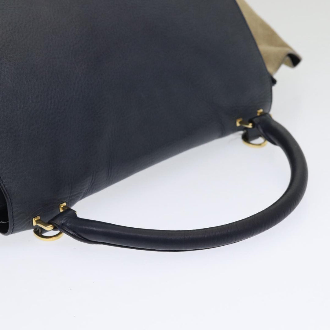 Celine Trapeze Hand Bag Leather Suede Navy Beige Auth 82897