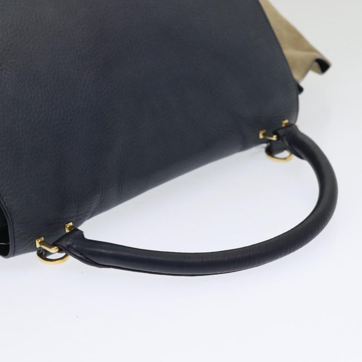 Celine Trapeze Hand Bag Leather Suede Navy Beige Auth 82897