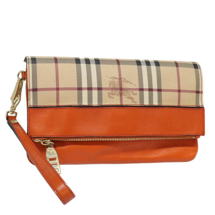 Burberry Nova Check Clutch Bag PVC Leather Beige Orange Auth 83126A
